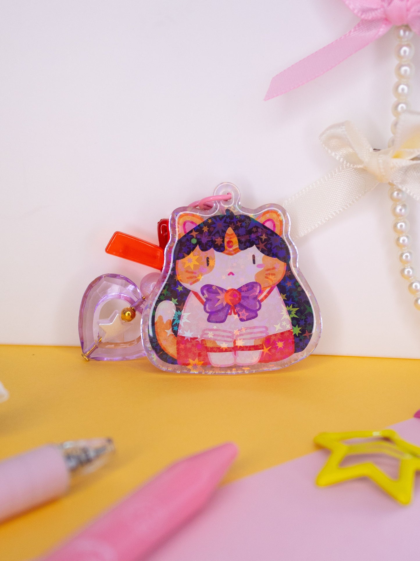 Sailor Moon Cats 2" Acrylic Charms With Handmade Charms (Sailor Venus, Mercury, Mars, Jupiter, Moon)