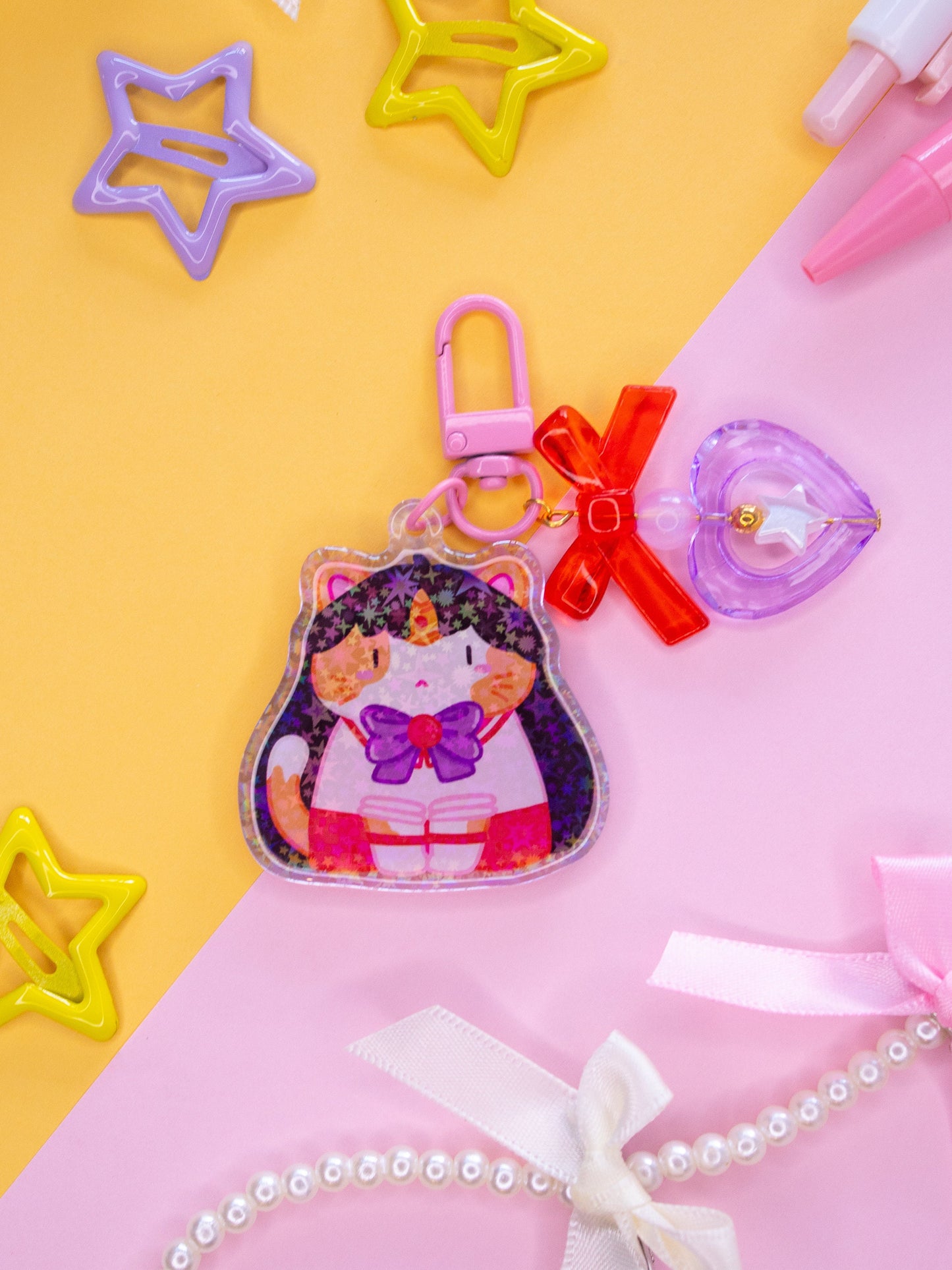 Sailor Moon Cats 2" Acrylic Charms With Handmade Charms (Sailor Venus, Mercury, Mars, Jupiter, Moon)