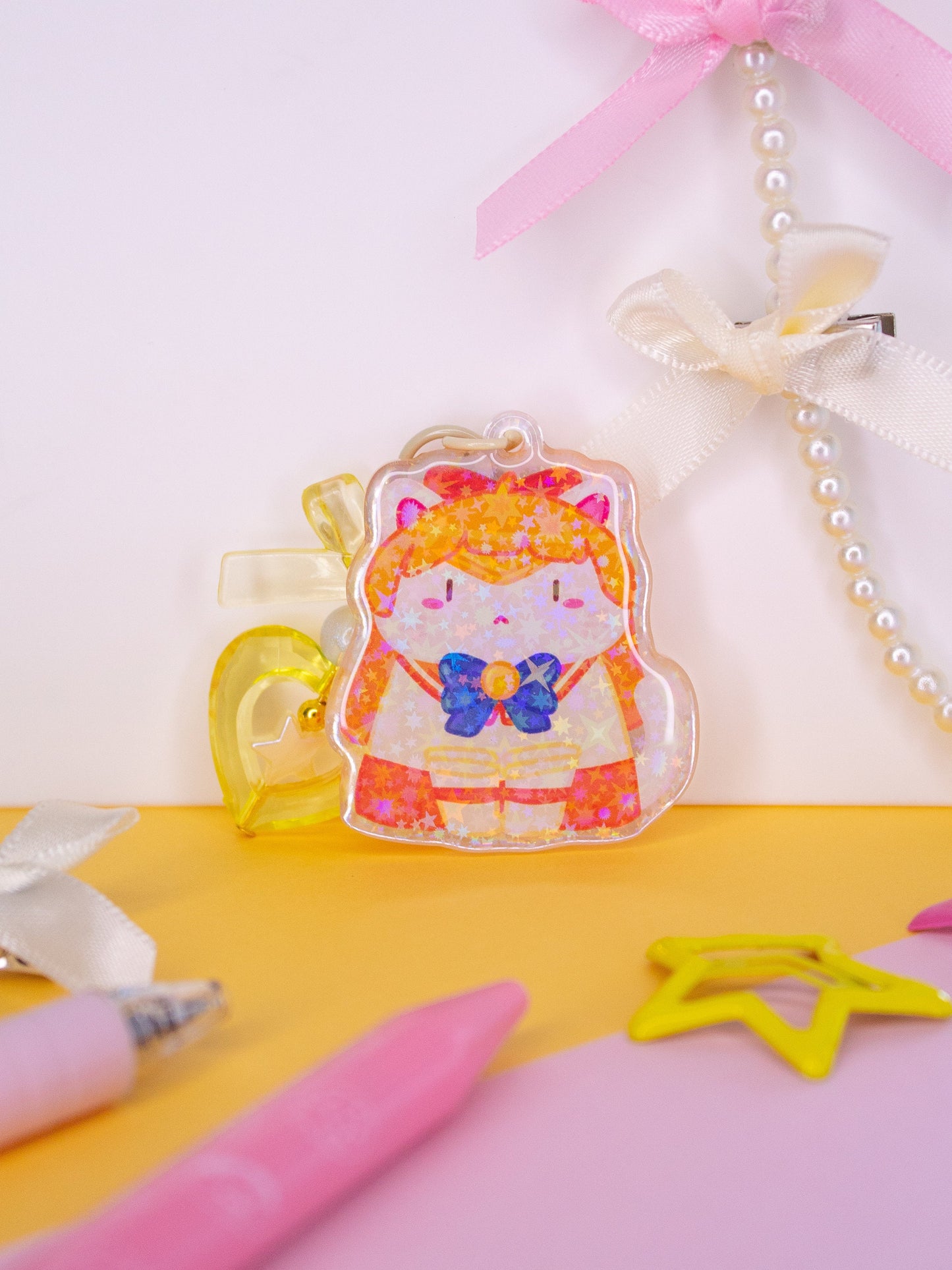 Sailor Moon Cats 2" Acrylic Charms With Handmade Charms (Sailor Venus, Mercury, Mars, Jupiter, Moon)