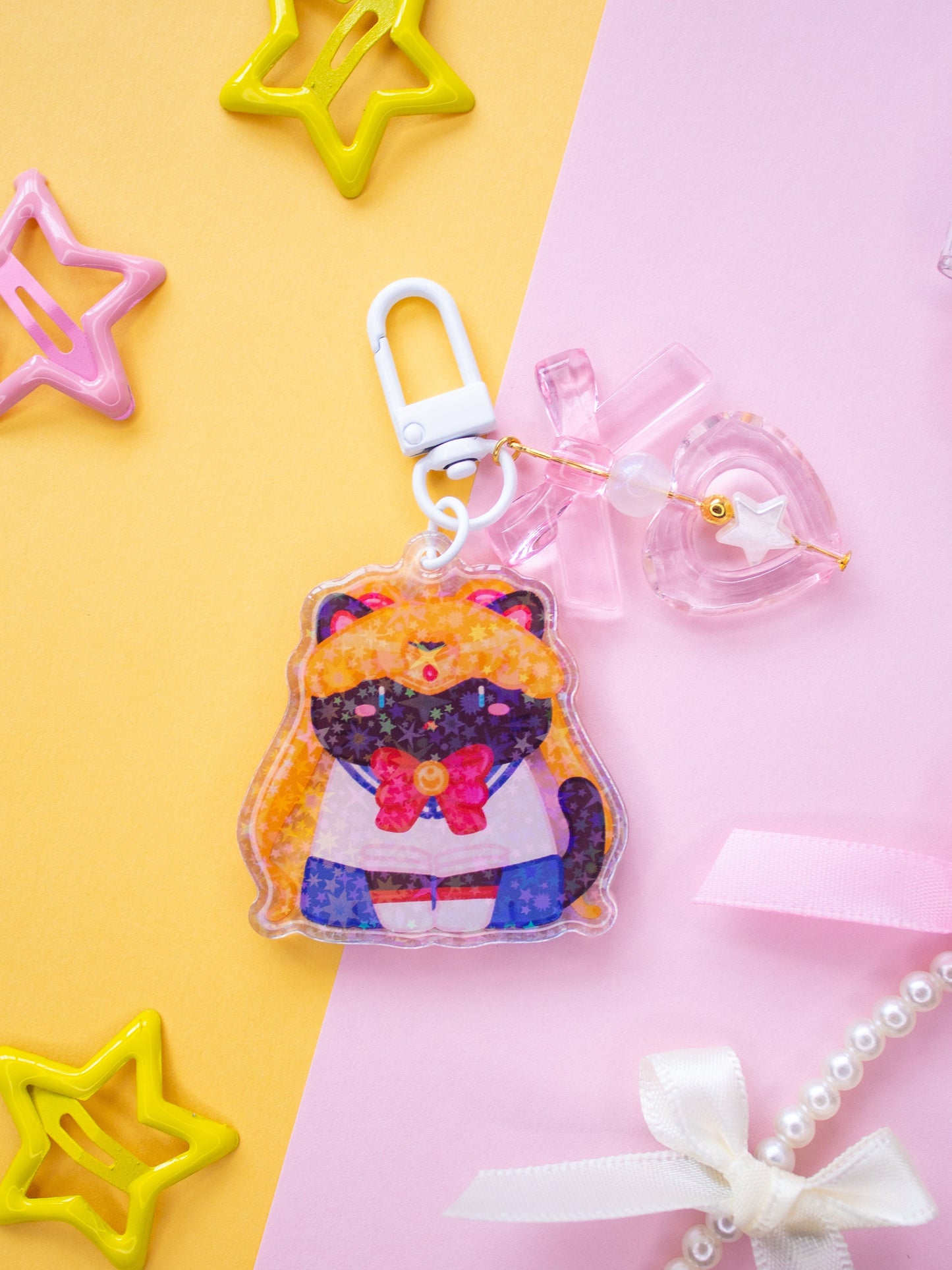 Sailor Moon Cats 2" Acrylic Charms With Handmade Charms (Sailor Venus, Mercury, Mars, Jupiter, Moon)