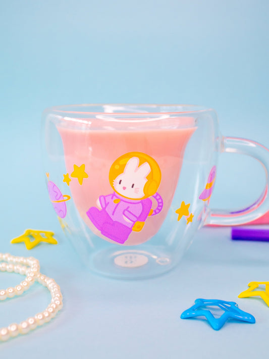 Cute Heart-Shaped Double Wall Glass Cup - Spaced Out Bunny Rabbit