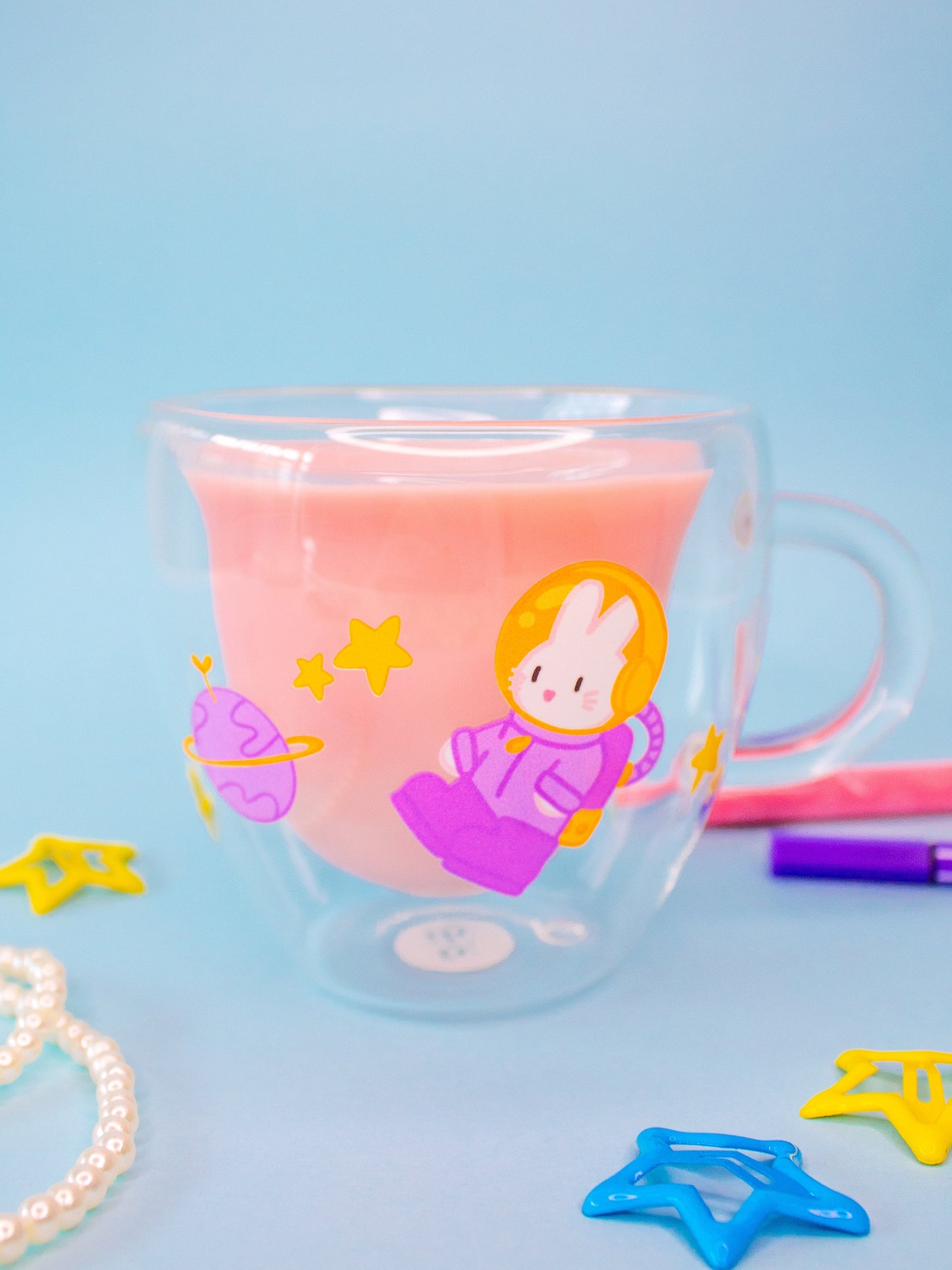 Cute Heart-Shaped Double Wall Glass Cup - Spaced Out Bunny Rabbit