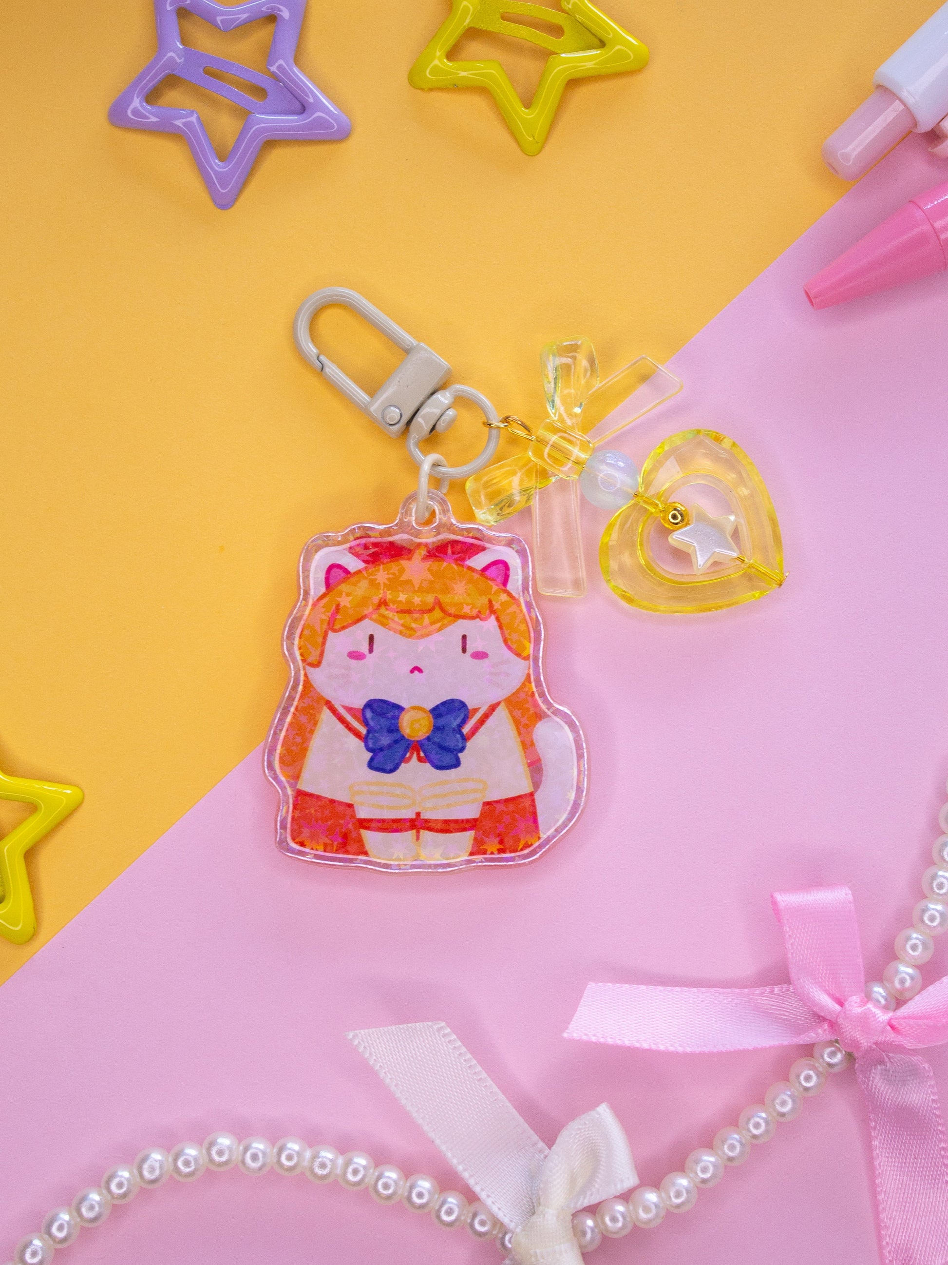 Sailor Moon Cats 2" Acrylic Charms With Handmade Charms (Sailor Venus, Mercury, Mars, Jupiter, Moon)